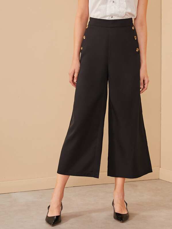 

Side Button Wide Leg Solid Pants, Black, Nadja