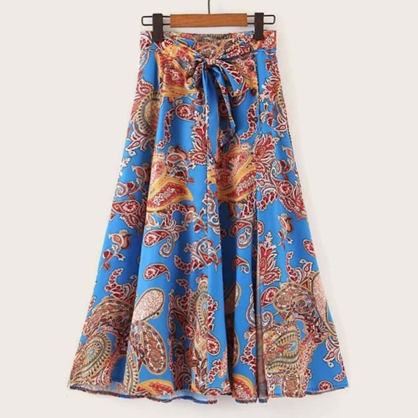 

Paisley Print Self Tie Slit Hem Skirt