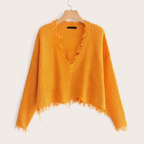 

Deep V-neck Drop Shoulder Fringe Hem Jumper