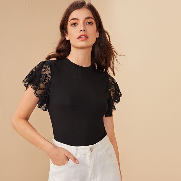 

Contrast Lace Butterfly Sleeve Fitted Tee