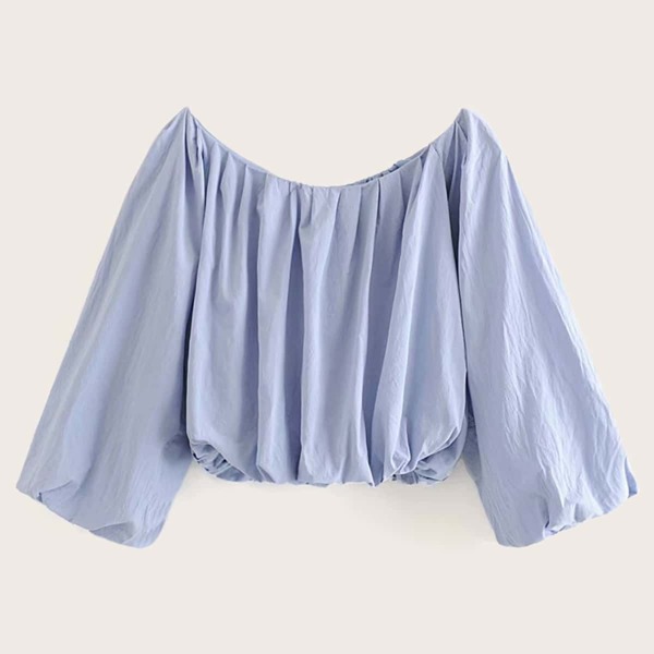 

Solid Off The Shoulder Ruched Bishop Sleeve Top