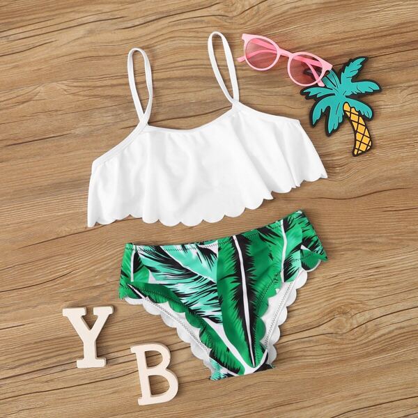 

Girls Scallop Trim Top With Tropical Bikini Set
