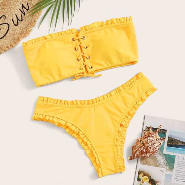 

Frill Trim Lace Up Bandeau Bikini Set