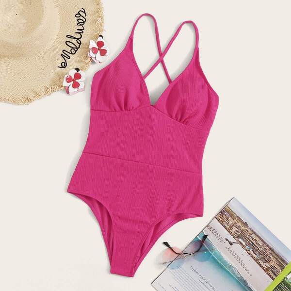 

Textured Criss Cross Back One Piece Swimwear, Pink