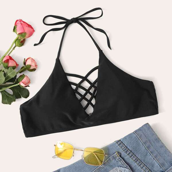 

Lattice Halter Bikini Top, Black