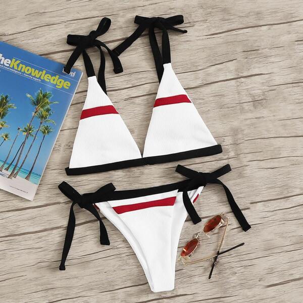 

Contrast Striped Self Tie Bikini Set, White