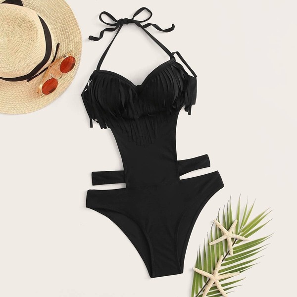 

Frill Trim Cut Out Halter Monokini