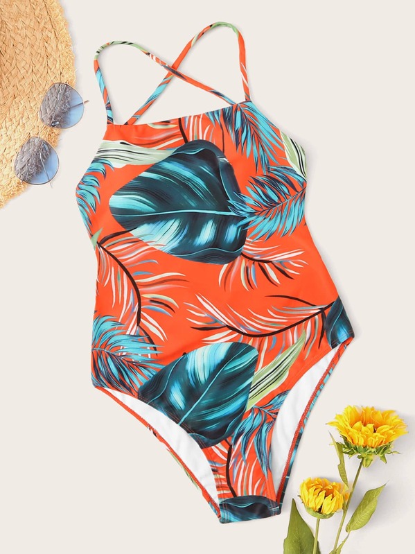 

Tropical Lace Up Back One Piece Swimwear, Multicolor