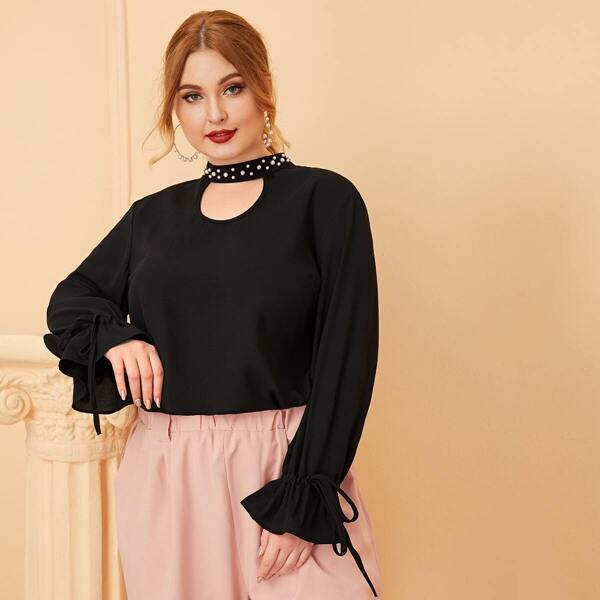 

Plus Pearl Beading Choker Neck Knot Sleeve Blouse
