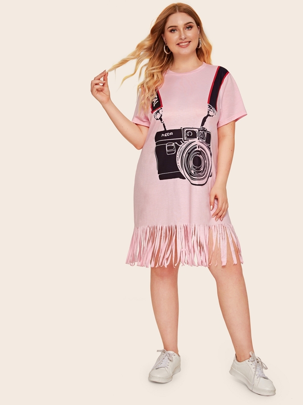 

Plus Camera Print Fringe Hem Tee Dress, Pink, Nora