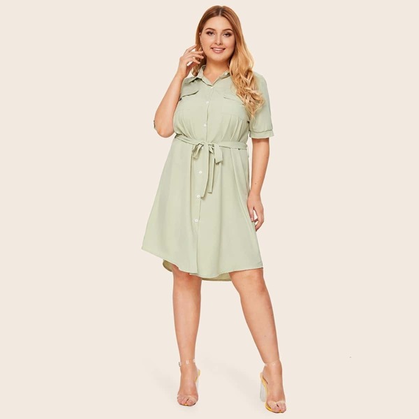 

Plus Double Pocket Self Tie Midi Shirt Dress, Green pastel