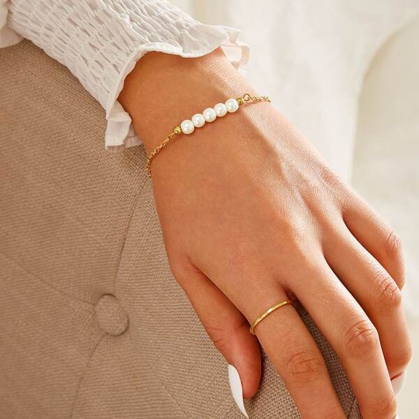 

Faux Pearl Decor Chain Bracelet 1pc, White