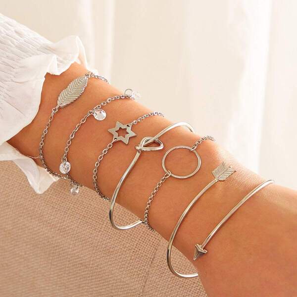 

Leaf & Star Decor Chain Bracelet 6pcs, Silver