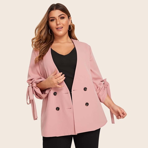 

Plus Roll Up Sleeve Double Breasted Coat, Pink