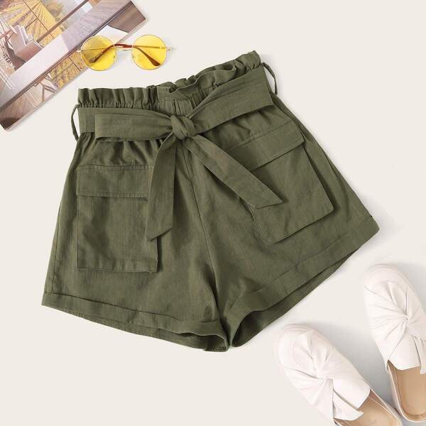 

Paperbag Waist Self Belted Pocketd Patched Shorts