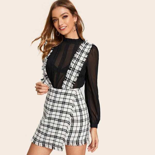 

Raw Hem Detail Suspender Wrap Tweed Skirt