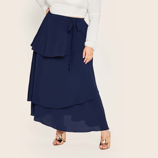 

Plus Solid Layered Hem Belted Skirt, Navy