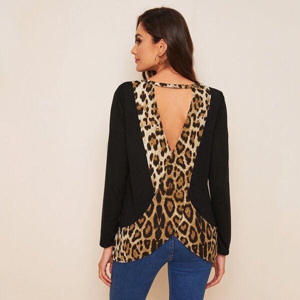 

Crisscross Leopard Print Peekaboo Back Flowy Top, Black