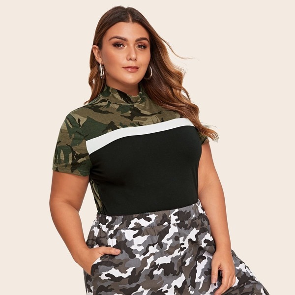 

Plus Camo Colorblock Stand Collar Top, Multicolor
