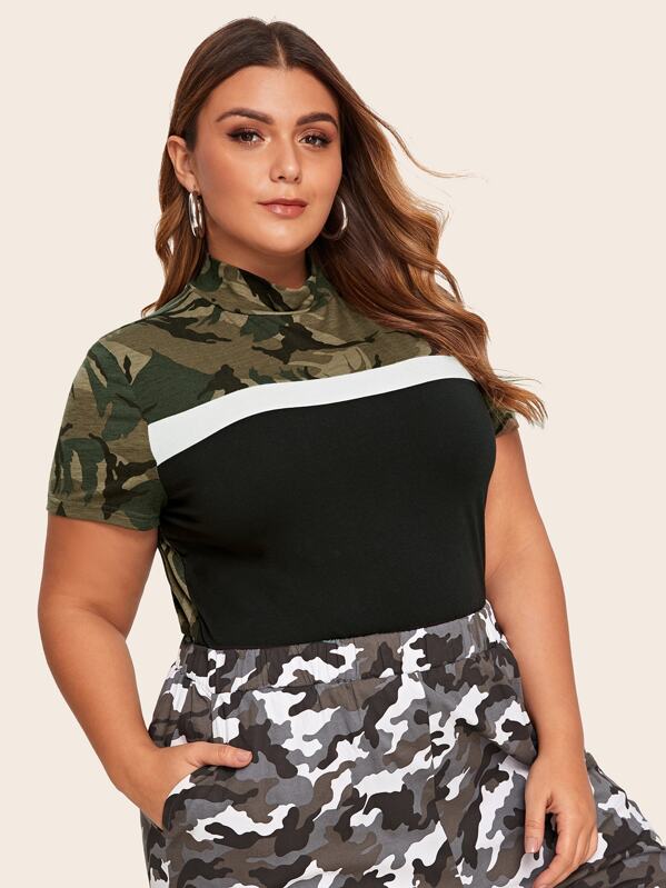 

Plus Camo Colorblock Stand Collar Top, Multicolor, Angelica