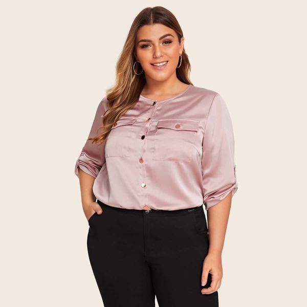 

Plus Flap Pocket Roll Tab Sleeve Button Fly Satin Top