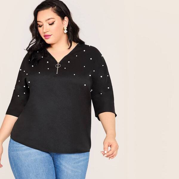 

Plus Half Zipper Front Pearls Beaded Top