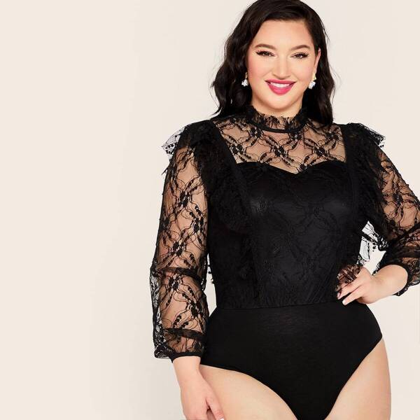 

Plus Mock Neck Lace Overlay Bodysuit, Black