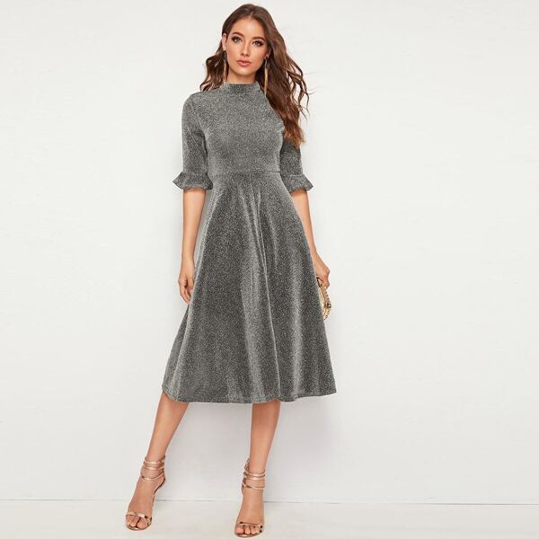

Mock-neck Trumpet Sleeve Flare Glitter Dress