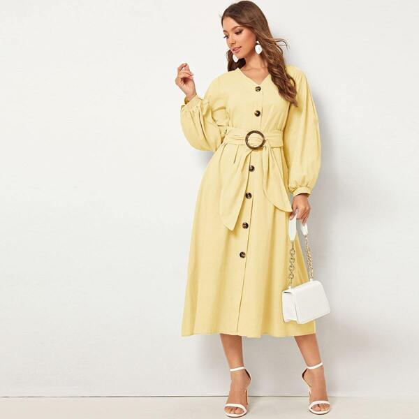 

Single Breasted O-ring Belted Lantern Sleeve Dress, Yellow