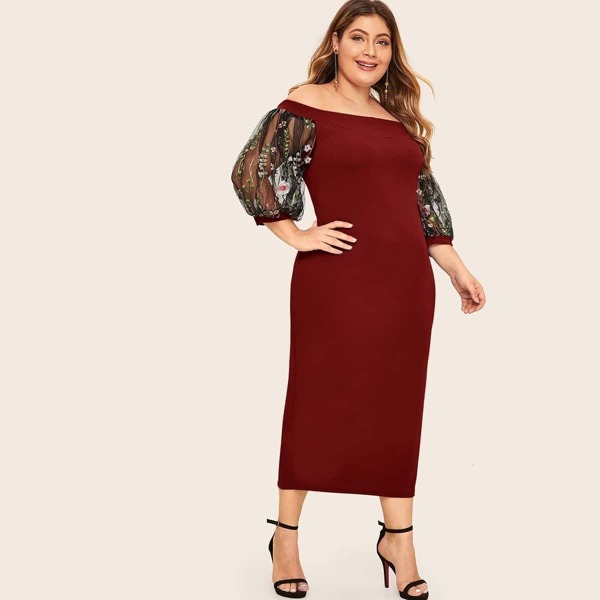 

Plus Off Shoulder Embroidered Mesh Sleeve Dress, Burgundy
