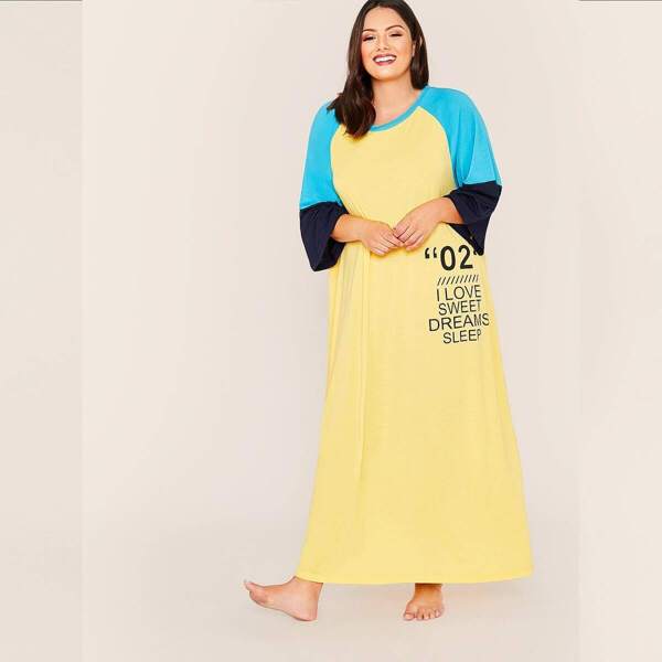 

Plus Slogan Print Color-block Raglan Sleeve Dress, Yellow
