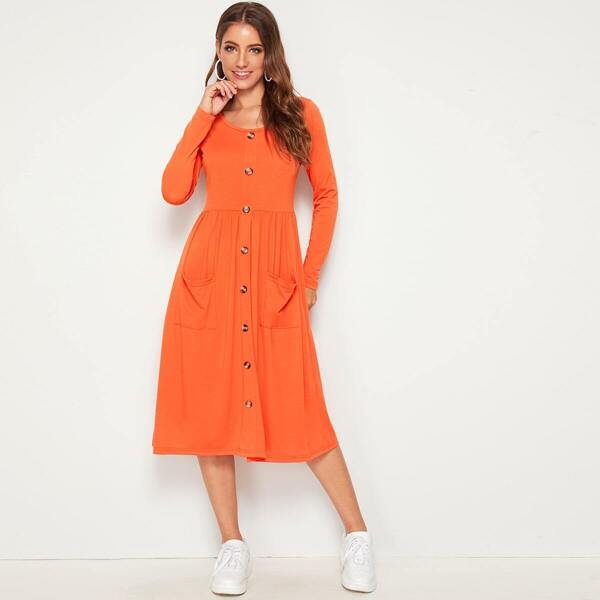 

Button Up Patch Pocket Detail Fit & Flare Dress, Orange