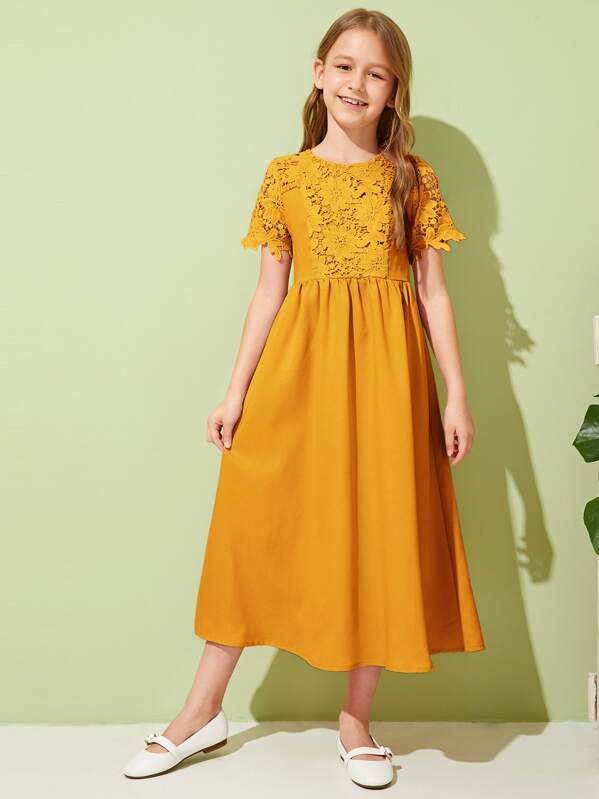 

Girls Solid Guipure Lace Insert Zip Back Dress, Yellow, Sashab