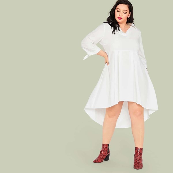 

Plus Solid High Low Hem Knotted Sleeve Dress, White