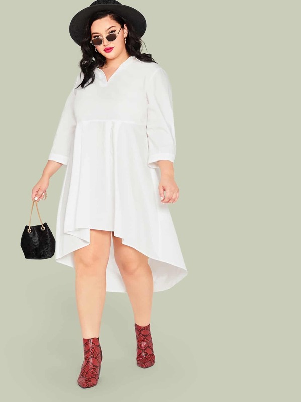

Plus Solid High Low Hem Knotted Sleeve Dress, White, Kellee Moran