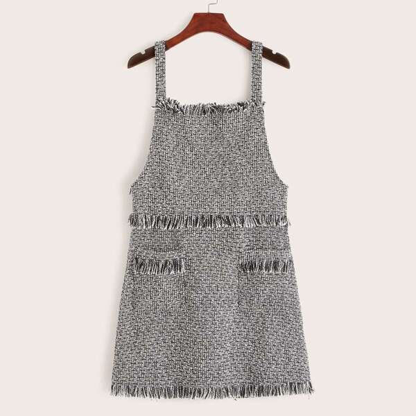 

Raw Trim Pocket Patched Tweed Tank Dress, Black and white