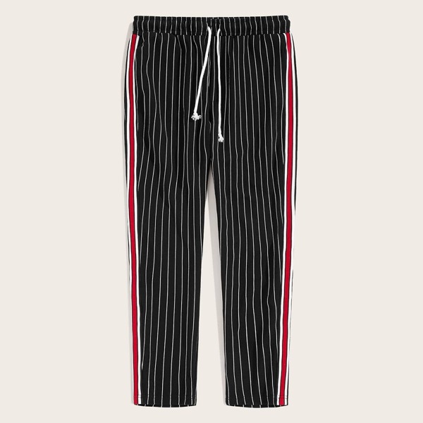 

Men Drawstring Waist Tape Detail Striped Pants, Black