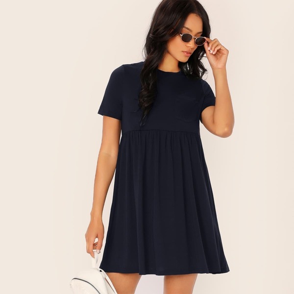 

Solid Short Sleeve Smock Dress, Navy