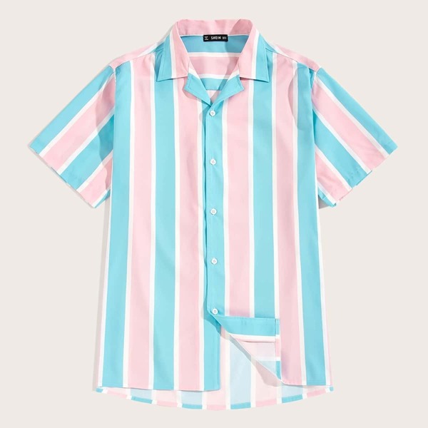 

Men Striped Curved Hem Revere Collar Shirt, Multicolor