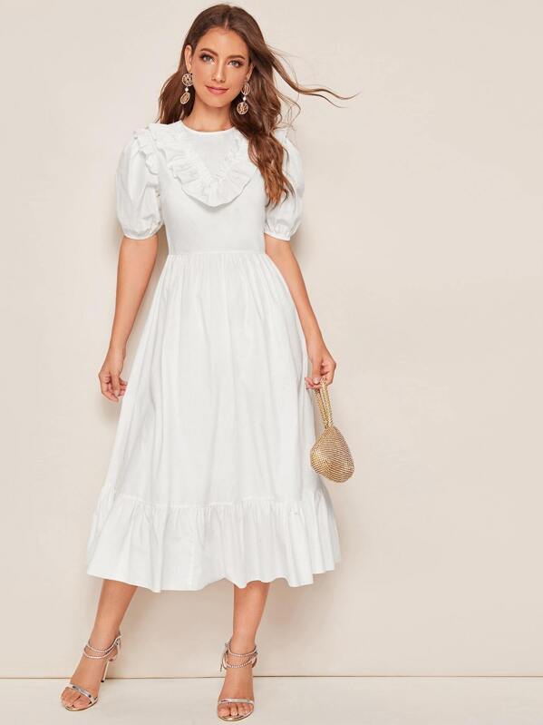 

Solid Ruffle Trim Puff Sleeve Dress, White, Debi Cruz