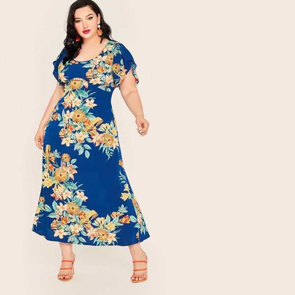 

Plus Floral Print Petal Sleeve Dress, Blue