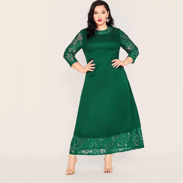 

Plus Solid Lace Insert Zip Back Dress, Green