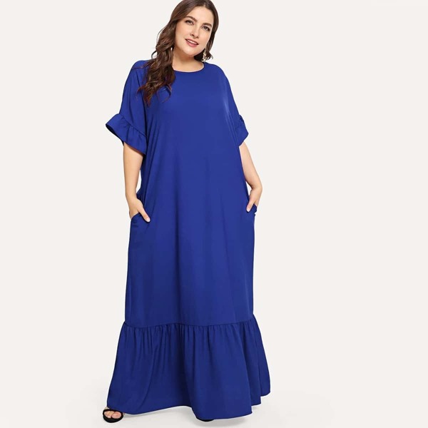 

Plus Ruffle Cuff Flounce Hem Solid Dress