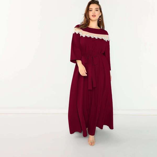 

Plus Appliques Detail Mesh Insert Belted Dress, Burgundy