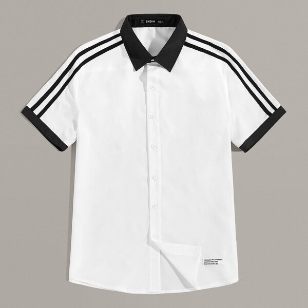 

Men Contrast Collar Tape Sleeve Shirt, White