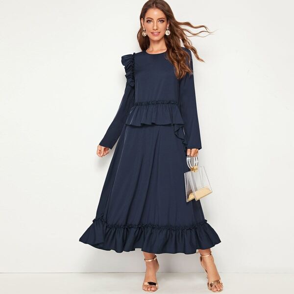 

Ruffle Trim Keyhole Back Dress, Navy