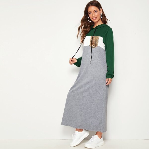 

Sequin Patched Heather Grey Pane Colorblock Hoodie Dress