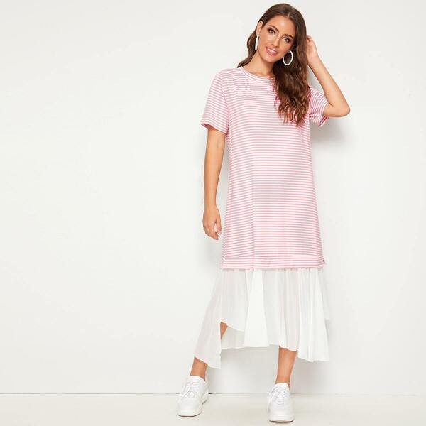 

Contrast Asymmetrical Hem Striped Dress, Pink
