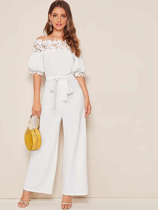 

Off Shoulder Guipure Lace Trim Puff Sleeve Belted Jumpsuit, White, Debi Cruz