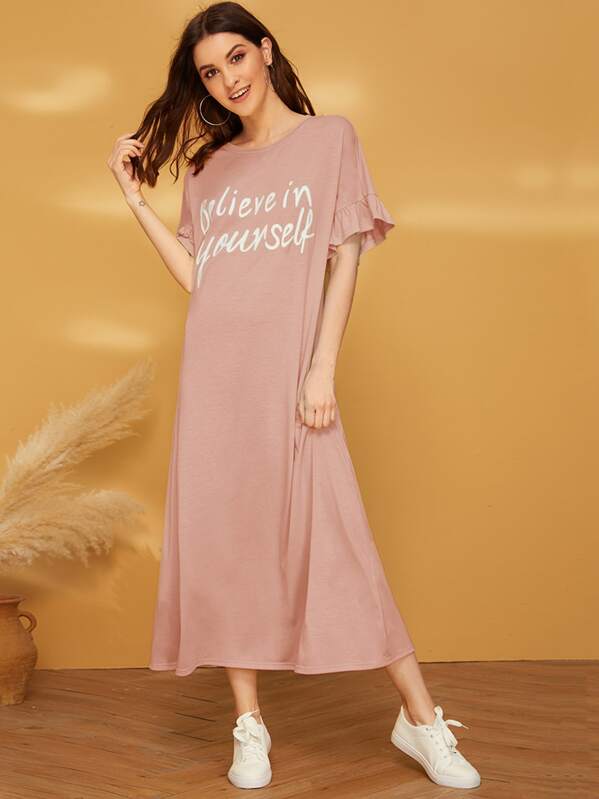 

Slogan Graphic Ruffle Cuff Nightdress, Pink, Vikie